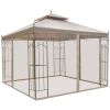 10x10 Steel Patio Gazebo Canopy Brown with Mesh Curtains Shelves
