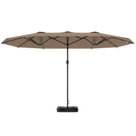 Garden Parasol 14.4 ft. Double-Sided Sun Umbrella with Base, Patio Parasol with LED Solar Lights, Khaki
