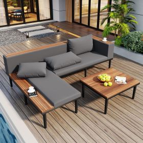 Luxury Patio Furniture Set with Removable Cushions and Coffee Table, L-Shaped Acacia Wood Sofa with Side table