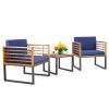 3 Pieces Patio Acacia Wood Conversation Set with Cushioned Armchairs