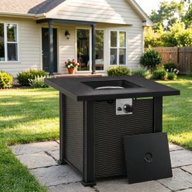 30 Inch Outdoor Gas Fire Pit Table Wicker-Effect Auto-Ignition 50,000 BTU Ceramic Top with Lid Lava Rocks Rain Cover