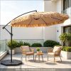 10 FT Solar Thatched Cantilever Umbrella with 96 Multi-Color Flowing Lights Outdoor Patio Umbrella with 12 Lighting Modes