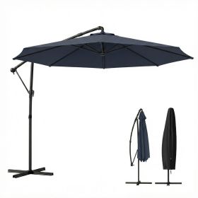 10 ft Offset Patio Umbrella with Cover, Hanging Cantilever Umbrella with 360Â° Rotation, Crank Handle, Tilt, Navy Blue