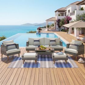 6-Pieces All Weather PE Wicker Sofa Set, Outdoor Rattan sofa With Double Cushions, Wood Legs Wood Table Top, Beige and Gray