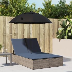 Double Sun Lounger with Cushions&Parasol Gray Poly Rattan