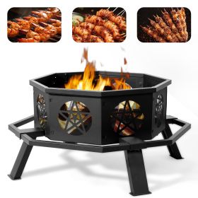 Same Code0784960335" Octagonal Sheet Assembled Fire Pit, Black Heavy Duty Wrought Iron Wood Fire Pit with Foot Rest Pedals
