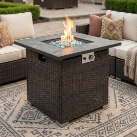 30" Propane Gas Fire Pit Table, 50000 BTU Square Fire Pit, Tile Tabletop with Beautiful Wicker Base for Outside Patio Deck Garden Courtyard-Brown