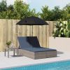 Double Sun Lounger with Cushions&Parasol Gray Poly Rattan