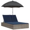 Double Sun Lounger with Cushions&Parasol Gray Poly Rattan