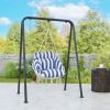 Hammock Swing Chair, Macrame Hanging Chair with Large Cushion, Chain, Steel Frame for Indoor Outdoor Use, Blue and White