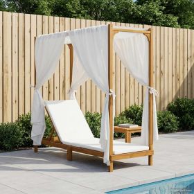 Single Sun Lounger with Canopy and Curtains Solid Acacia Wood (Color: Cream)