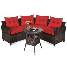 4 Pieces Outdoor Cushioned Rattan Furniture Set (Color: Red)