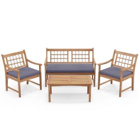 4 Piece Wood Patio Furniture with Armchairs Loveseat and Coffee Table (Color: Gray)