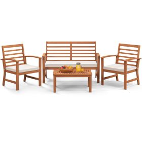 4 Pieces Outdoor Furniture Set with Stable Acacia Wood Frame (Color: Beige)