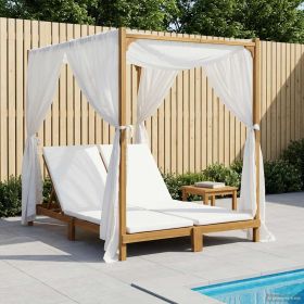 Double Sun Lounger with Canopy and Curtains Solid Acacia Wood (Color: Cream)