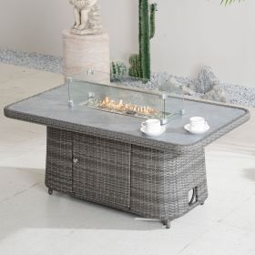 Direct Wicker Rectangular Propane Lift-Top Patio Fire Pit Table with Wind  Glass Wind Guard & Cover,Grey (Color: Grey)