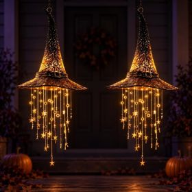 New Lighted Witch Hat Hanging Chime Halloween Witch Star Tassel 2pc (Option: Warm White)